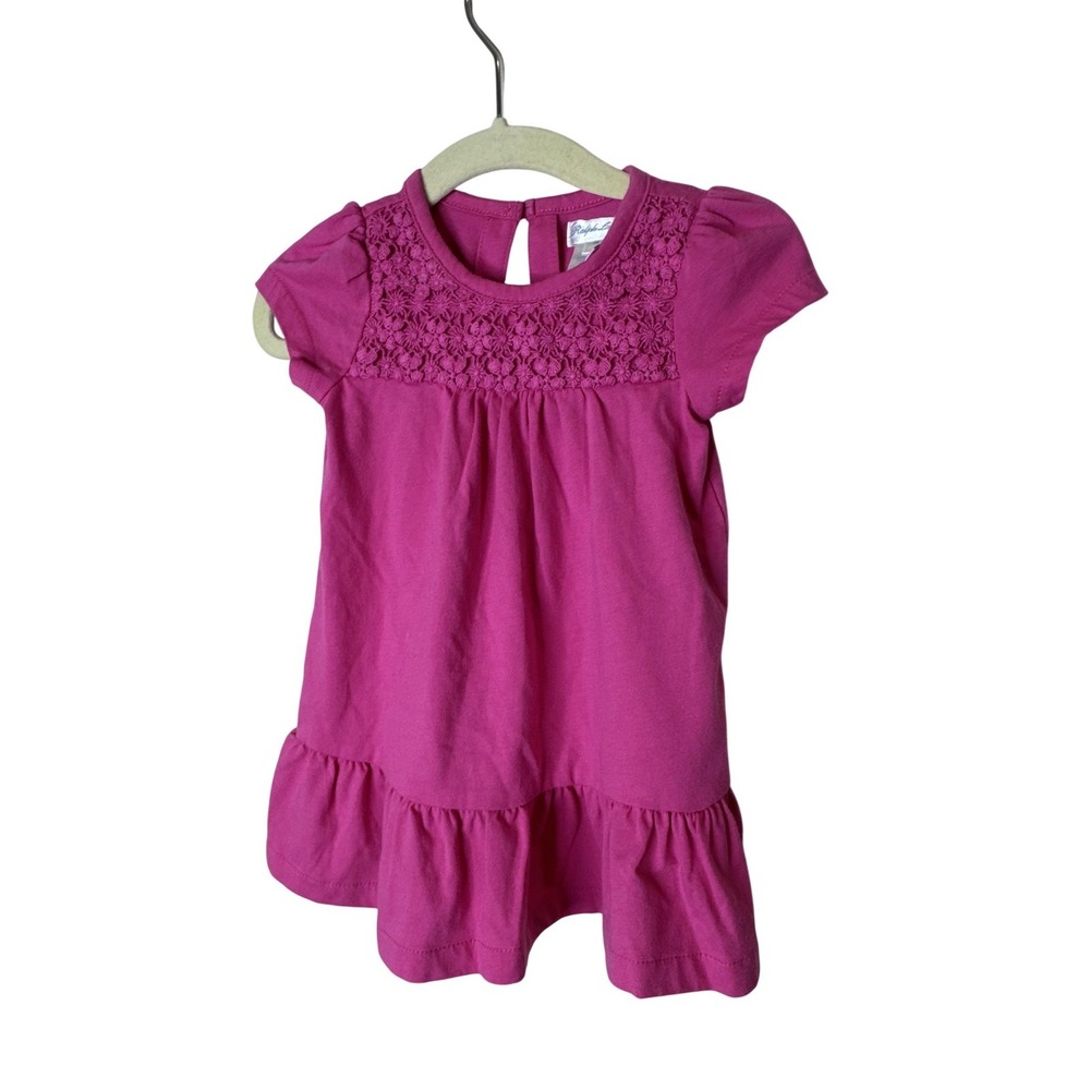 Ralph Lauren‎ Dress Baby Girls 3-6 Months Pink Lace Yoke Ruffle Hem Short Sleeve
